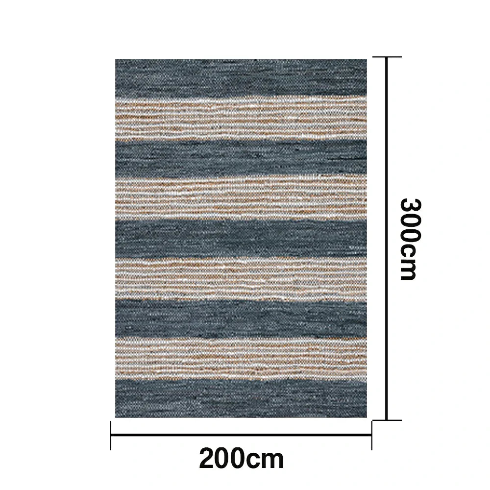 LIVARA 160/200cm Blue-Grey Stripe Loop-Pile Rug Soft & Durable Easy to Clean Non-Slip Eco Cotton-Latex Backing - Coastal Sand Blue