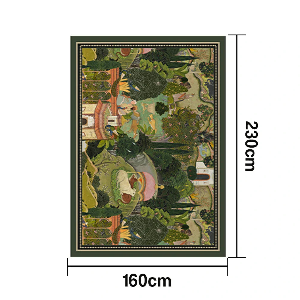 LIVARA 160/200cm Vintage Border Palace-Art Loop-Pile Rug Soft & Durable Easy to Clean Non-Slip Eco Cotton-Latex Backing - Classic Garden Green