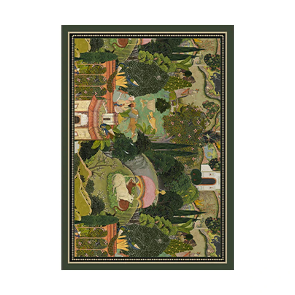 LIVARA 160/200cm Vintage Border Palace-Art Loop-Pile Rug Soft & Durable Easy to Clean Non-Slip Eco Cotton-Latex Backing - Classic Garden Green