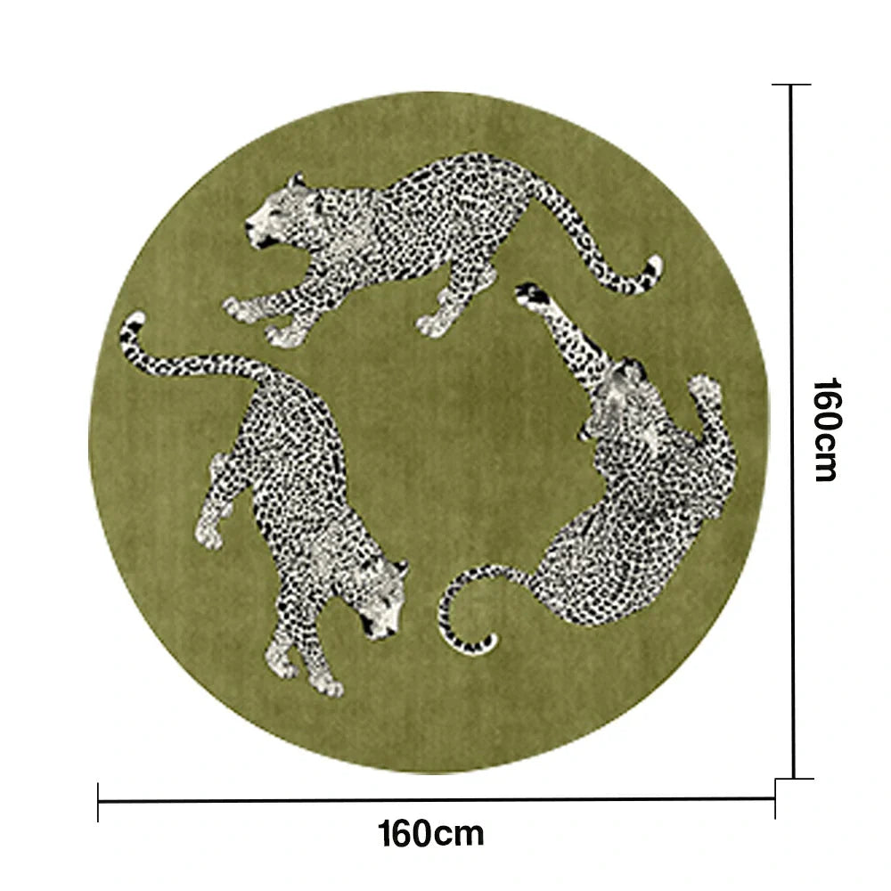 LIVARA 160/200cm Round Leopard-Print Loop-Pile Rug Easy to Clean Non-Slip Eco Cotton-Latex Backing Soft & Durable - Green