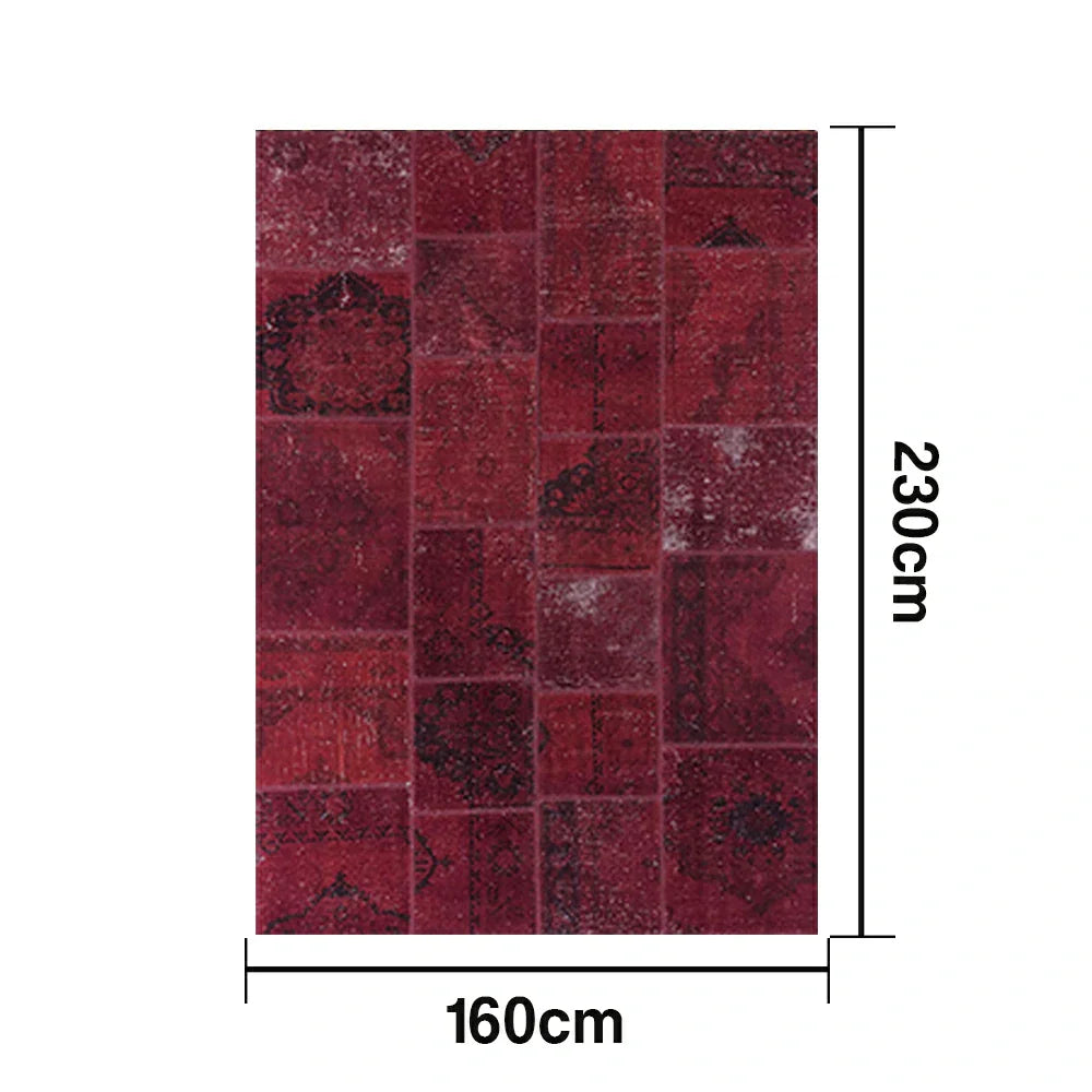 LIVARA 160/200cm Vintage Patchwork Loop-Pile Rug - Non-Slip Eco Cotton-Latex Backing - Waterproof, Stain-Resistant, Soft & Durable - Deep Red