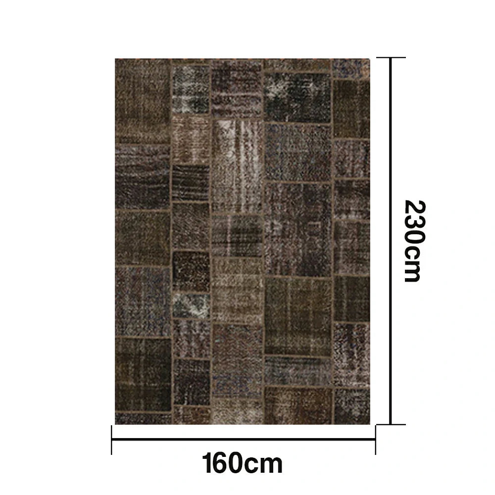 LIVARA 160/200cm Vintage Patchwork Loop-Pile Rug - Non-Slip Eco Cotton-Latex Backing - Waterproof Stain-Resistant Soft & Durable - Dark Brown