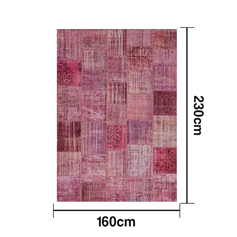 LIVARA 160/200cm Vintage Patchwork Loop-Pile Rug - Non-Slip Eco Cotton-Latex Backing - Waterproof Stain-Resistant Soft & Durable - Pink Purple