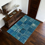 LIVARA 160/200cm Vintage Patchwork Loop-Pile Rug - Non-Slip Eco Cotton-Latex Backing - Waterproof Stain-Resistant Soft & Durable - Ocean Blue