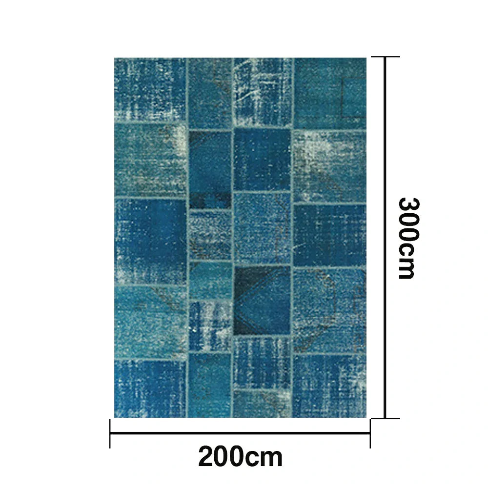 LIVARA 160/200cm Vintage Patchwork Loop-Pile Rug - Non-Slip Eco Cotton-Latex Backing - Waterproof Stain-Resistant Soft & Durable - Ocean Blue