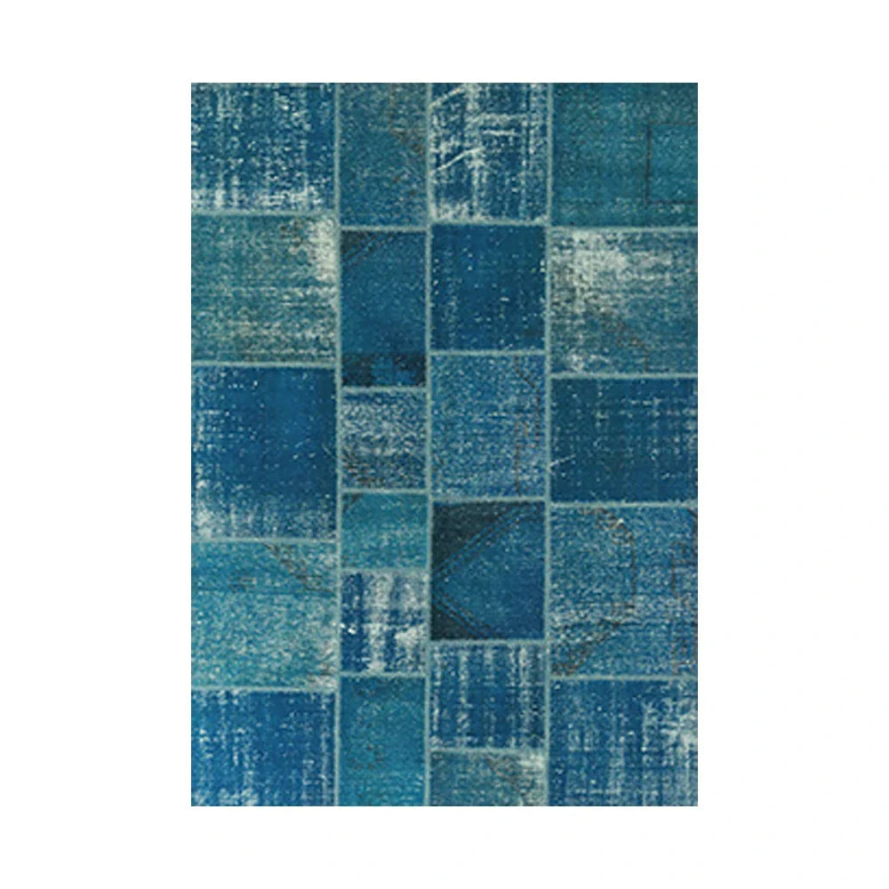 LIVARA 160/200cm Vintage Patchwork Loop-Pile Rug - Non-Slip Eco Cotton-Latex Backing - Waterproof Stain-Resistant Soft & Durable - Ocean Blue