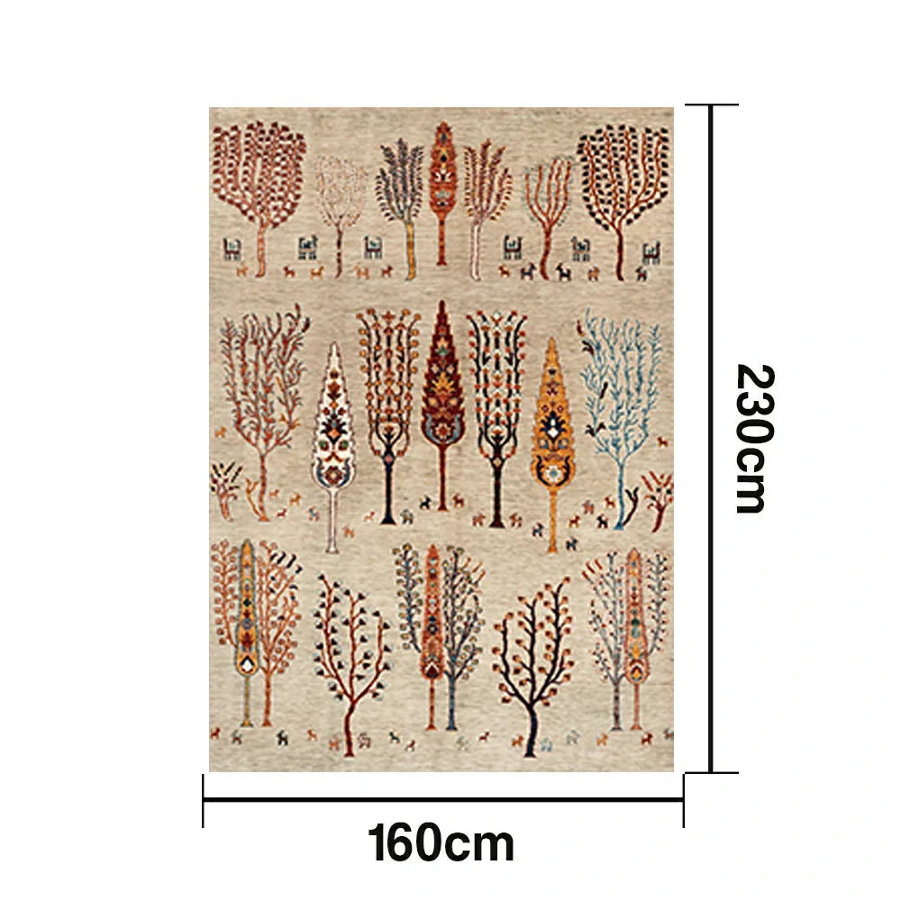 LIVARA 160/200cm Gabbeh Tree-Pattern Loop-Pile Rug - Non-Slip Eco Cotton-Latex Backing - Waterproof Stain-Resistant Soft & Durable - Beige Multi