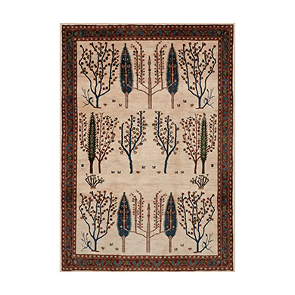LIVARA 160/200cm Gabbeh Tree-Border Loop-Pile Rug - Non-Slip Eco Cotton-Latex Backing - Waterproof Soft & Durable Stain-Resistant - Beige Multi
