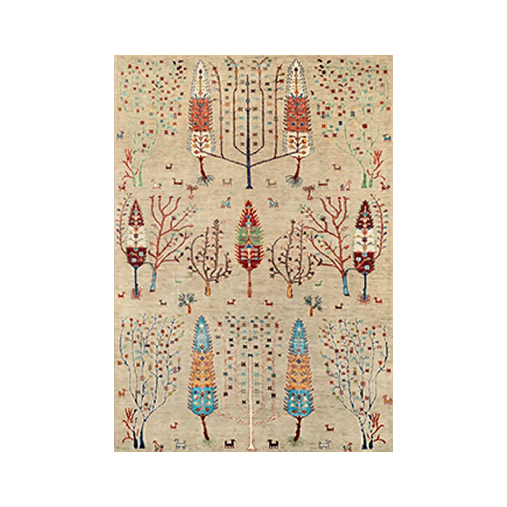 LIVARA 160/200cm Gabbeh Symmetry-Tree Loop-Pile Rug - Non-Slip Eco Cotton-Latex Backing - Waterproof Stain-Resistant Soft & Durable - Beige Multi