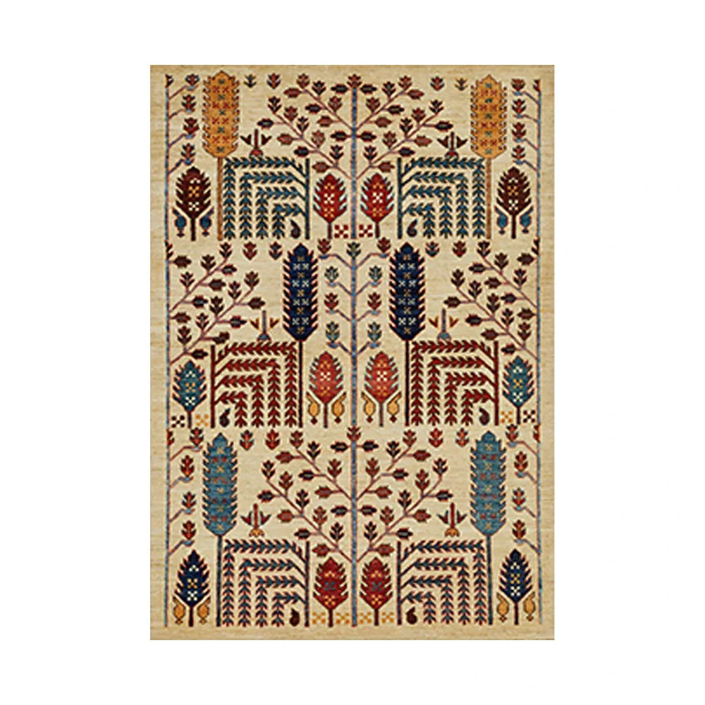 LIVARA 160/200cm Gabbeh Symmetric Botanical Loop-Pile Rug - Upgraded Non-Slip Eco Cotton-Latex Backing - Waterproof Stain-Resistant Soft & Durable - Beige Multi