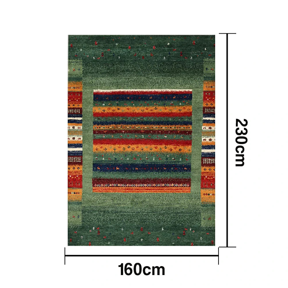 LIVARA 160/200cm Gabbeh Striped Loop-Pile Rug - Upgraded Non-Slip Eco Cotton-Latex Backing - Waterproof Stain-Resistant Soft & Durable - Green Multi-Color