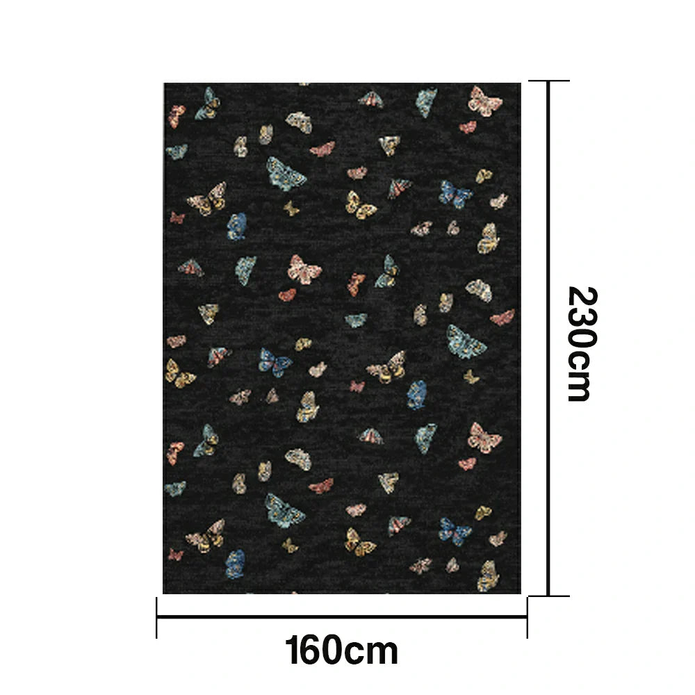LIVARA 160/200cm Butterfly Print Loop-Pile Rug - Upgraded Non-Slip Eco Cotton-Latex Backing - Waterproof Stain-Resistant Soft & Durable - Black