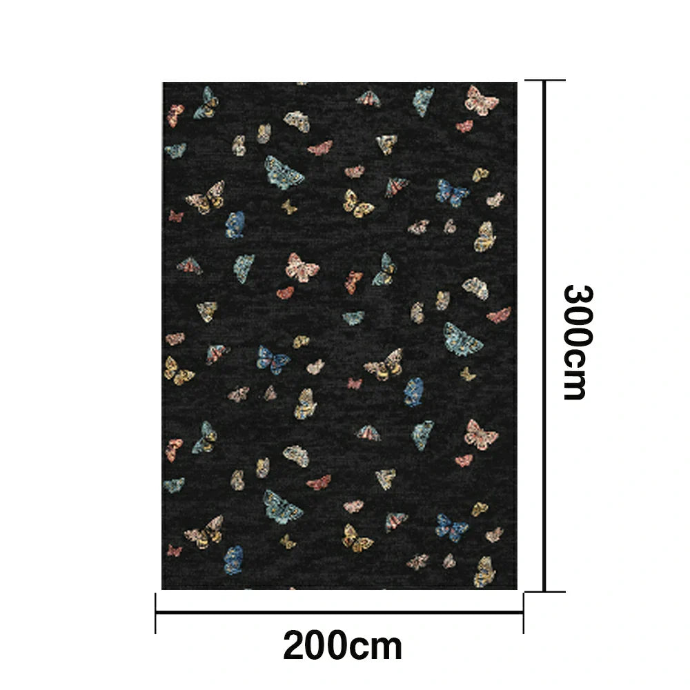 LIVARA 160/200cm Butterfly Print Loop-Pile Rug - Upgraded Non-Slip Eco Cotton-Latex Backing - Waterproof Stain-Resistant Soft & Durable - Black