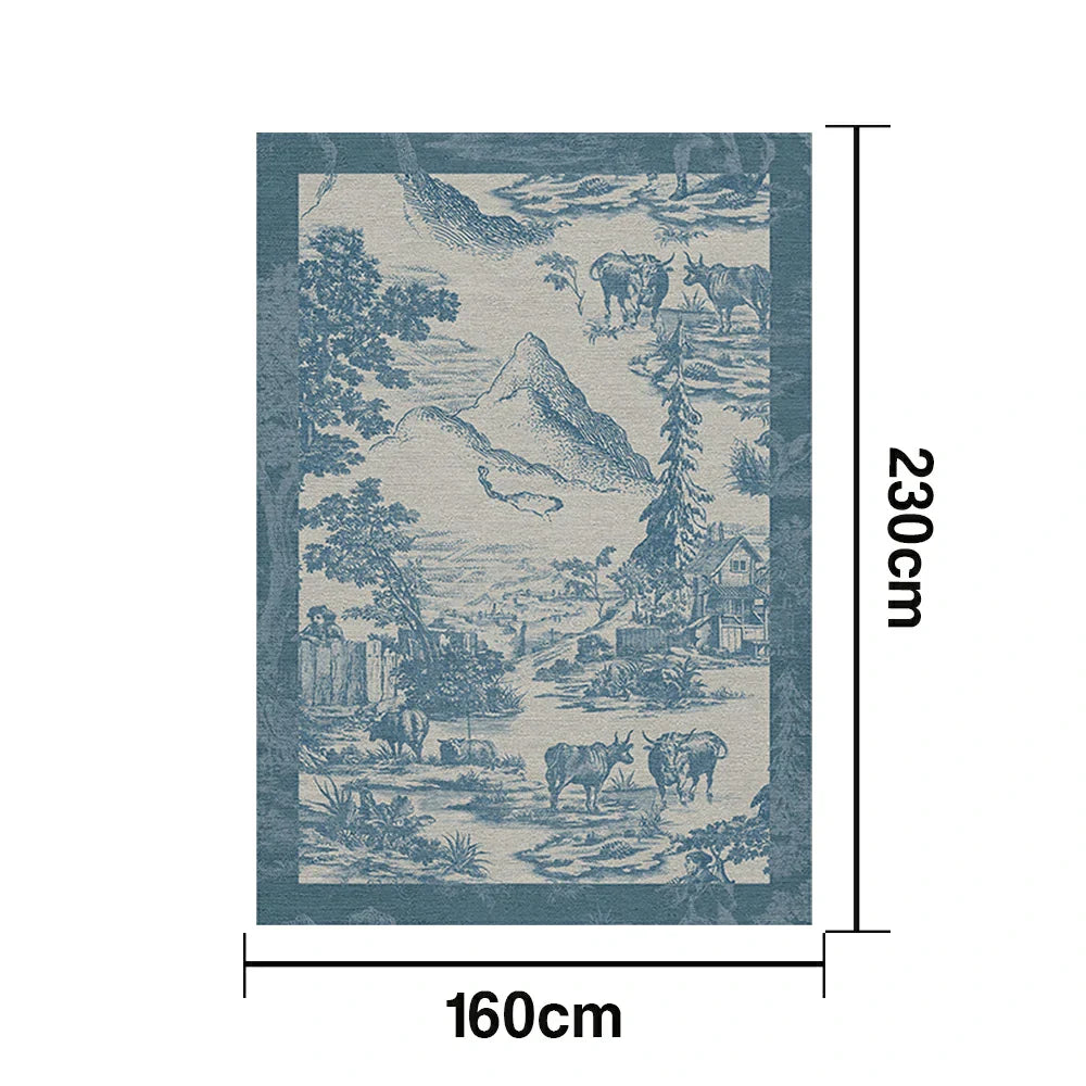 LIVARA 160/200cm Pastoral Scenic Illustration Loop-Pile Rug - Upgraded Non-Slip Eco Cotton-Latex Backing - Waterproof Stain-Resistant Soft & Durable - Blue