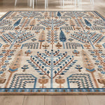 LIVARA 160/200cm Gabbeh Tree-Pattern Loop-Pile Rug - Upgraded Non-Slip Eco Cotton-Latex Backing - Waterproof Stain-Resistant Soft & Durable - Beige Blue