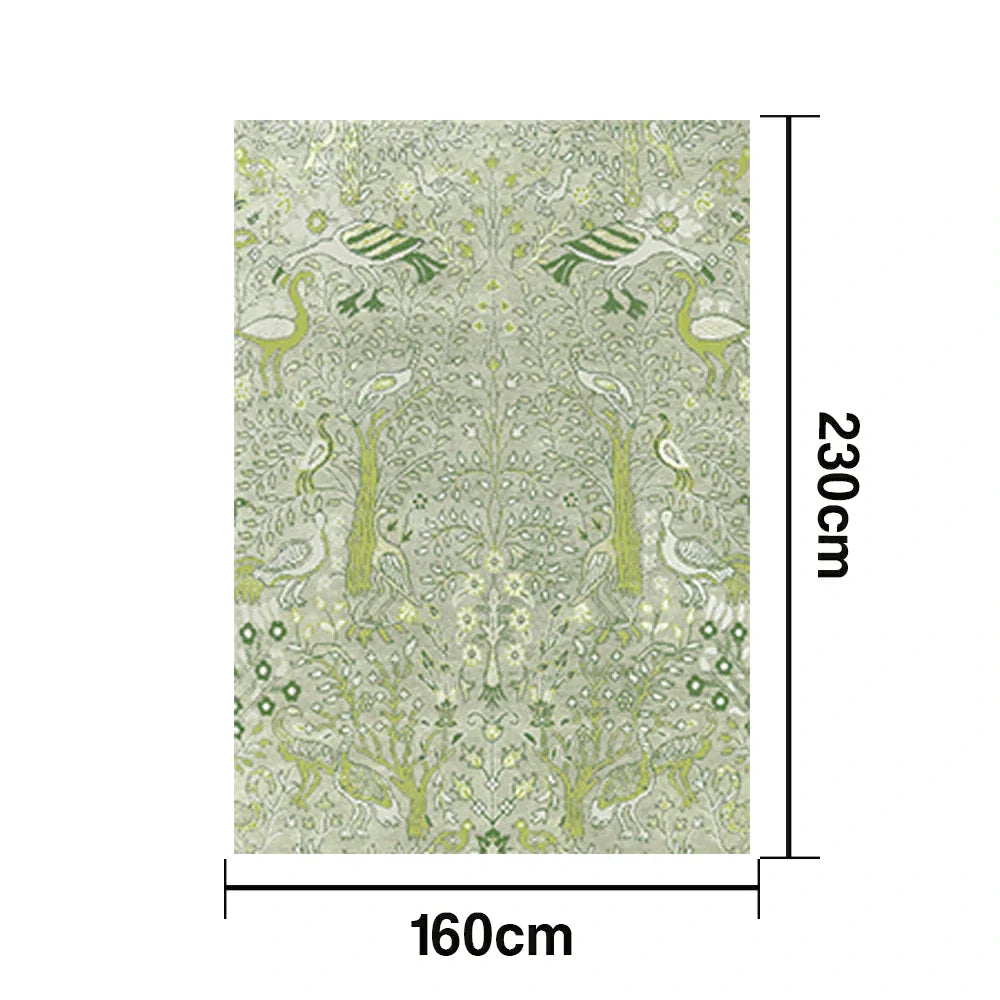 LIVARA 160/200cm Forest Bird Pattern Loop-Pile Rug - Upgraded Non-Slip Eco Cotton-Latex Backing - Waterproof Stain-Resistant Soft & Durable - Light Green