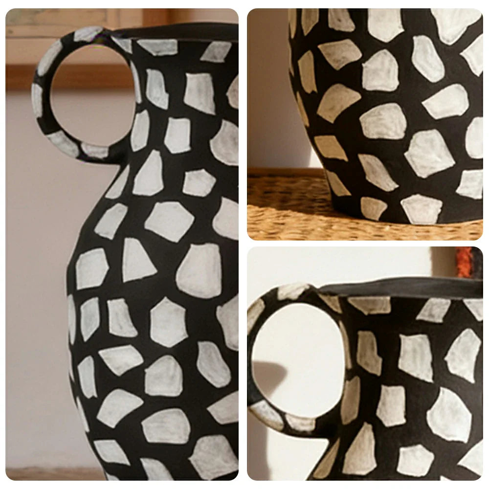 LIVARA Ceramic Decorative Ornament Artistic Display Double-Handle Polka Dot Vase Matte Ceramic Handcrafted Stone-Texture Design