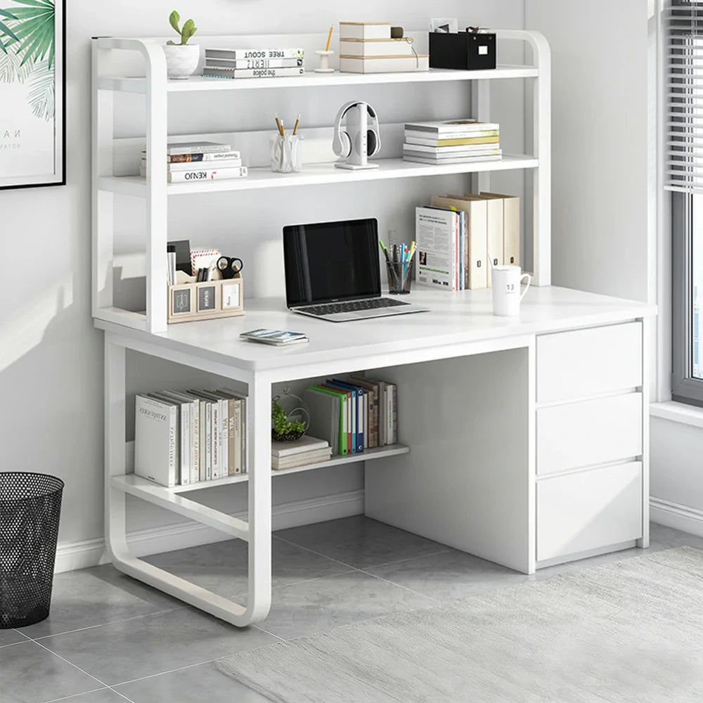 LIVARA Bookshelf - Thickened Design, Desk Steel Frame 2-in-1 Computer Panels, 100/120/140cm Space-Saving White