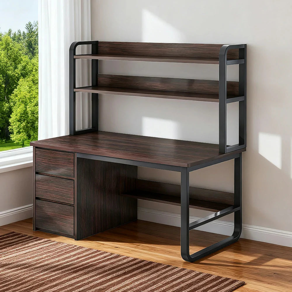 LIVARA Bookshelf Steel Frame Space-Saving 2-in-1 Computer Design, - Thickened 100/120/140cm Panels, Desk Walnut