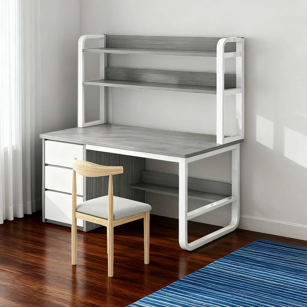 LIVARA Bookshelf Set Office Design, 100/120/140cm Desk Chair Thickened Panels, and 2-in-1 - Steel Frame Space-Saving Grey