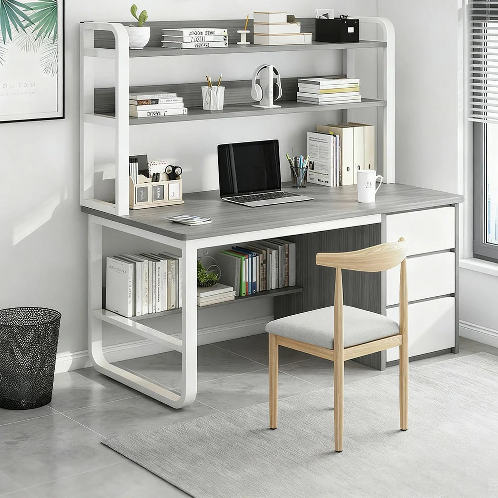 LIVARA Bookshelf Set Office Design, 100/120/140cm Desk Chair Thickened Panels, and 2-in-1 - Steel Frame Space-Saving Grey