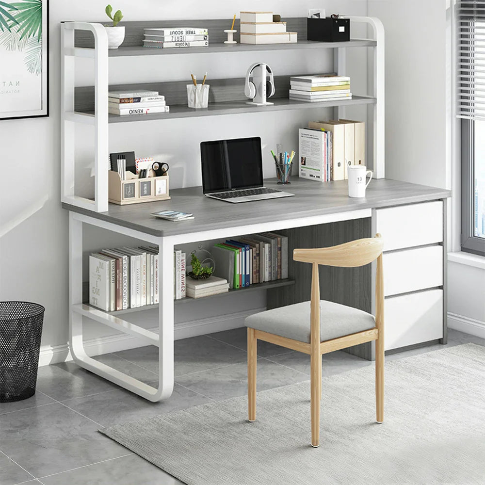 LIVARA Bookshelf Set Office Design, 100/120/140cm Desk Chair Thickened Panels, and 2-in-1 - Steel Frame Space-Saving Grey
