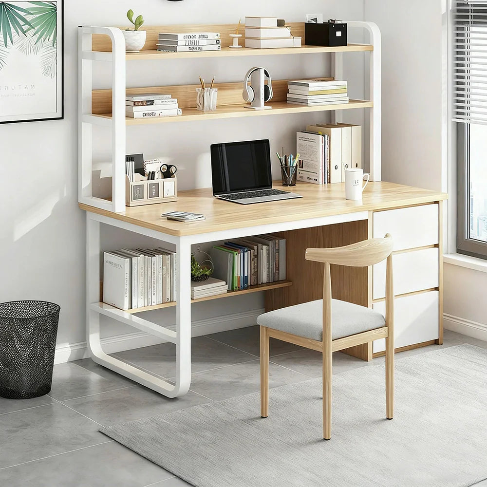 LIVARA Bookshelf 2-in-1 Office Design, Space-Saving 100/120/140cm Frame Set Desk Panels, Chair and Steel - Thickened Wood