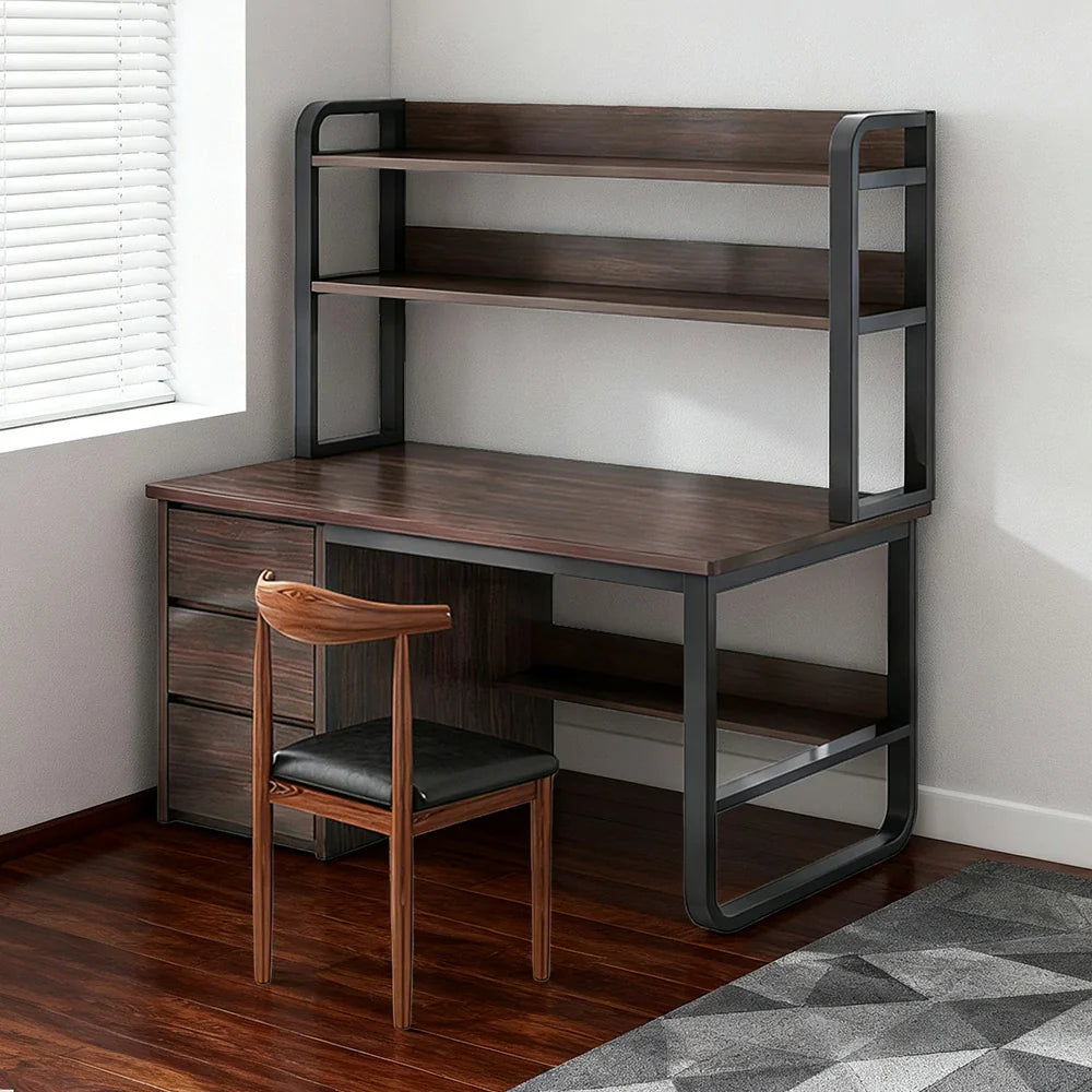 LIVARA Bookshelf Office Steel Space-Saving Panels, and 2-in-1 - Desk Design, Frame 100/120/140cm Set Chair Thickened Walunt