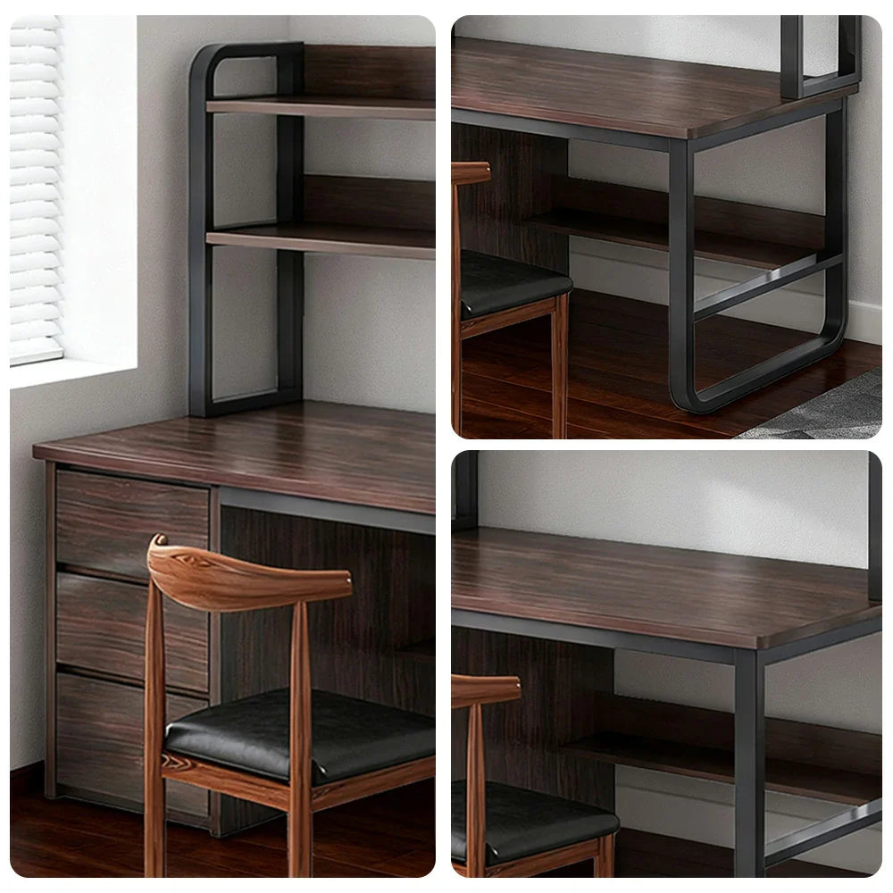 LIVARA Bookshelf Office Steel Space-Saving Panels, and 2-in-1 - Desk Design, Frame 100/120/140cm Set Chair Thickened Walunt