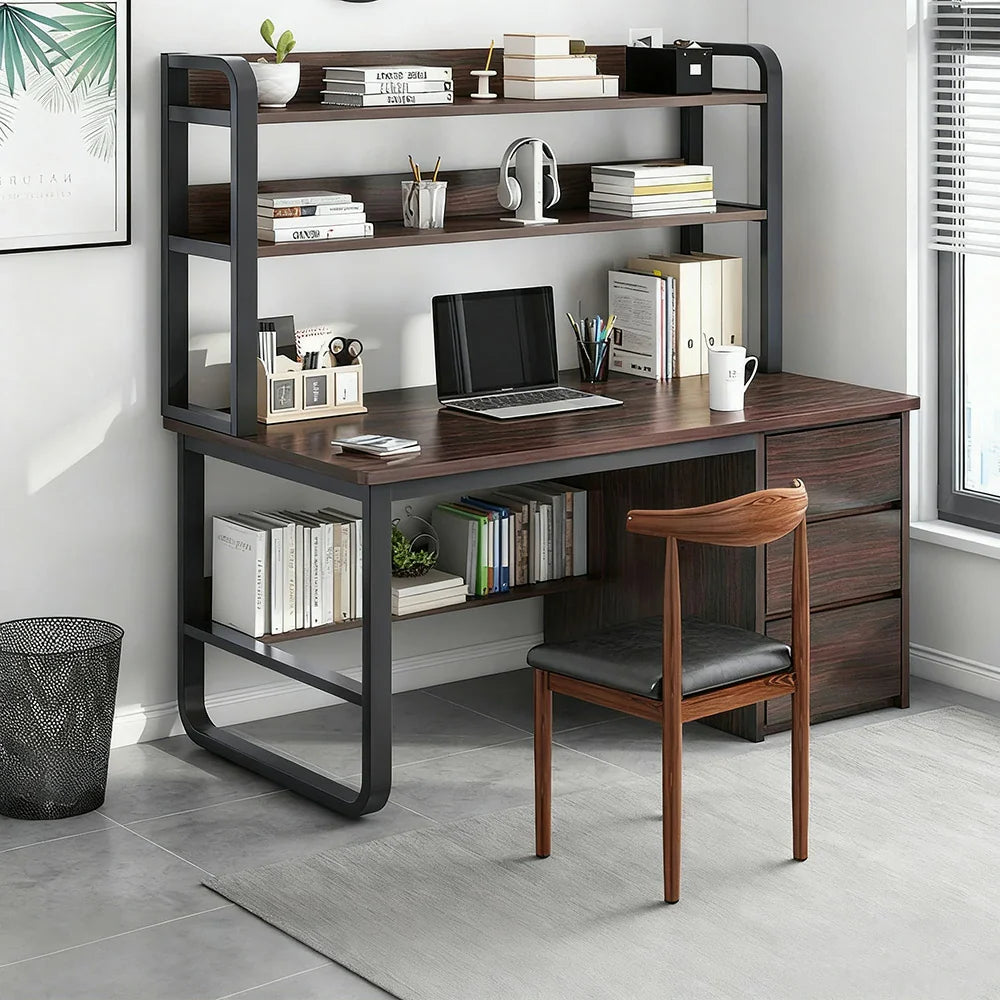 LIVARA Bookshelf Office Steel Space-Saving Panels, and 2-in-1 - Desk Design, Frame 100/120/140cm Set Chair Thickened Walunt