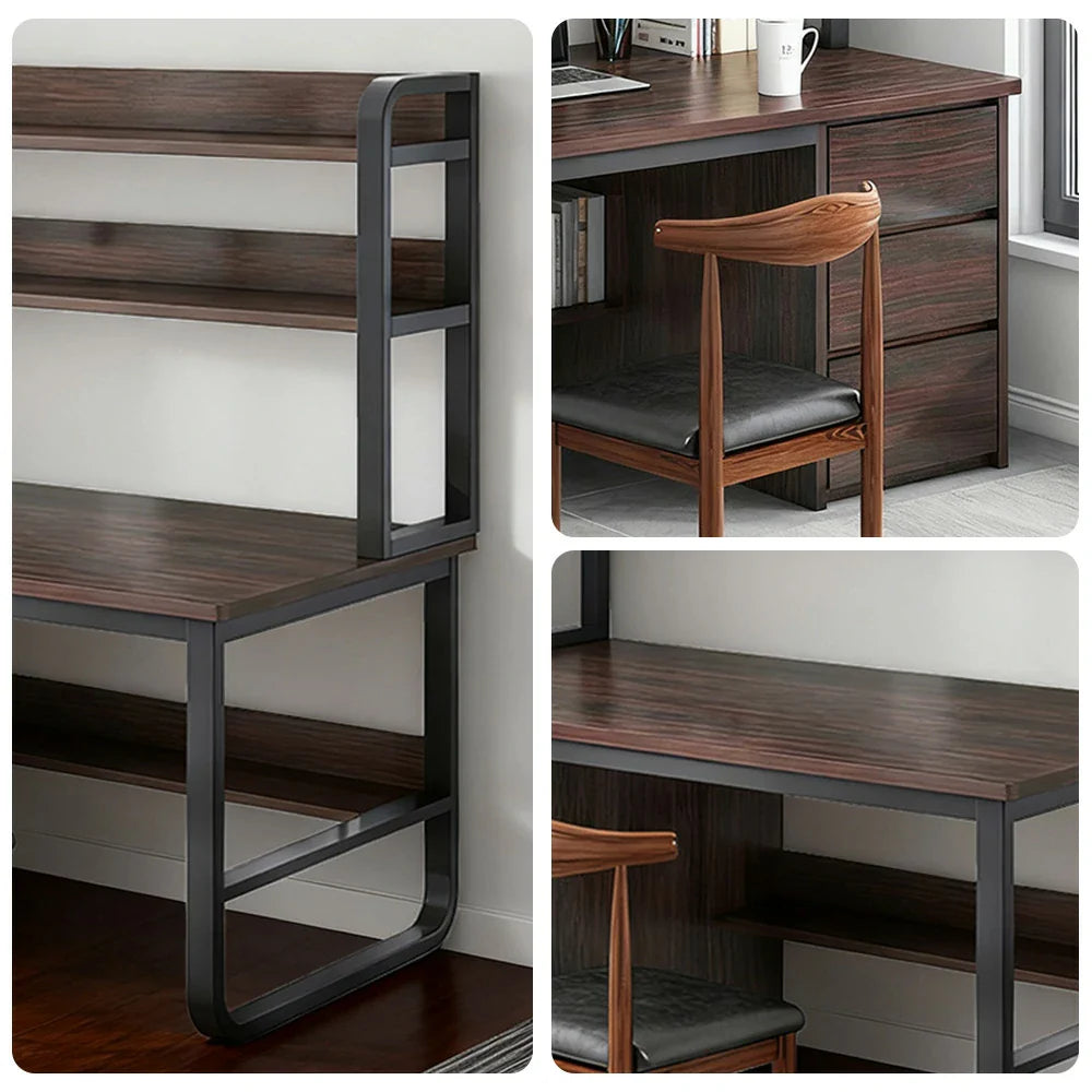 LIVARA Bookshelf Office Steel Space-Saving Panels, and 2-in-1 - Desk Design, Frame 100/120/140cm Set Chair Thickened Walunt