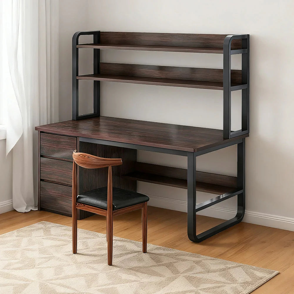 LIVARA Bookshelf Office Steel Space-Saving Panels, and 2-in-1 - Desk Design, Frame 100/120/140cm Set Chair Thickened Walunt