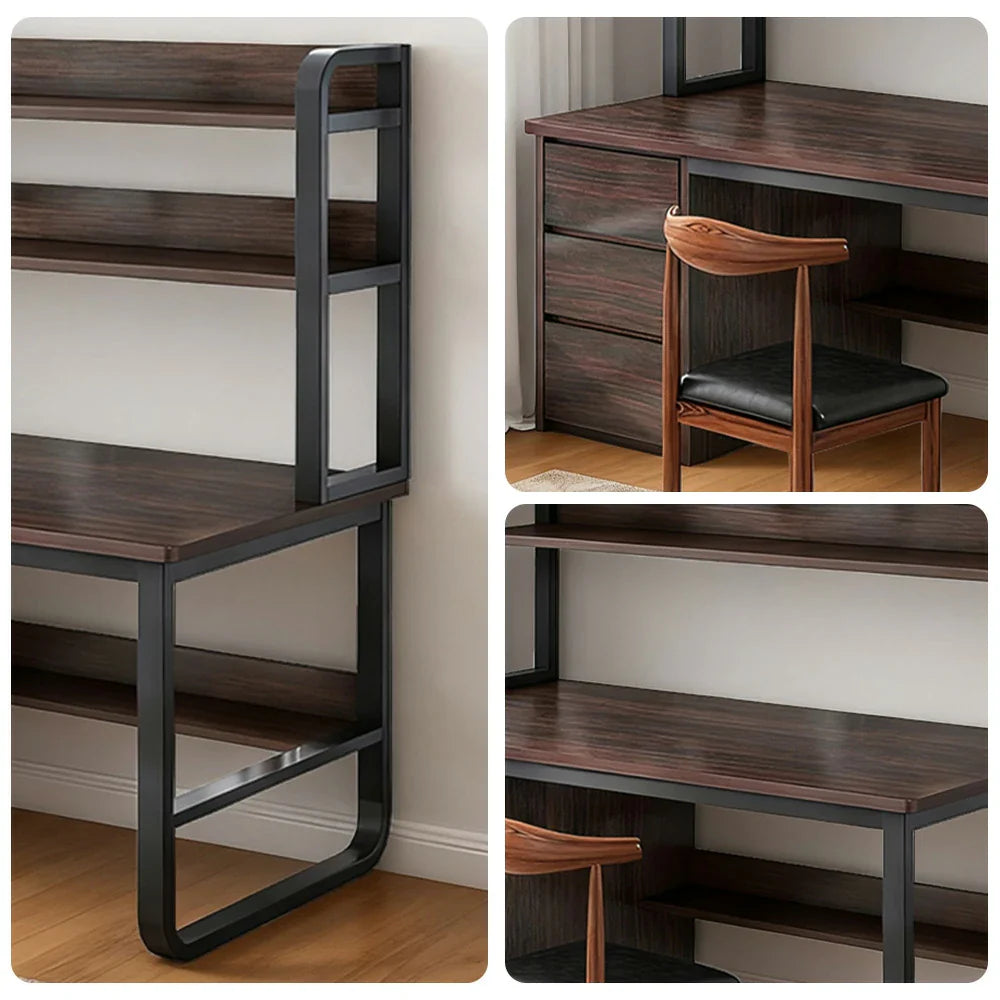 LIVARA Bookshelf Office Steel Space-Saving Panels, and 2-in-1 - Desk Design, Frame 100/120/140cm Set Chair Thickened Walunt