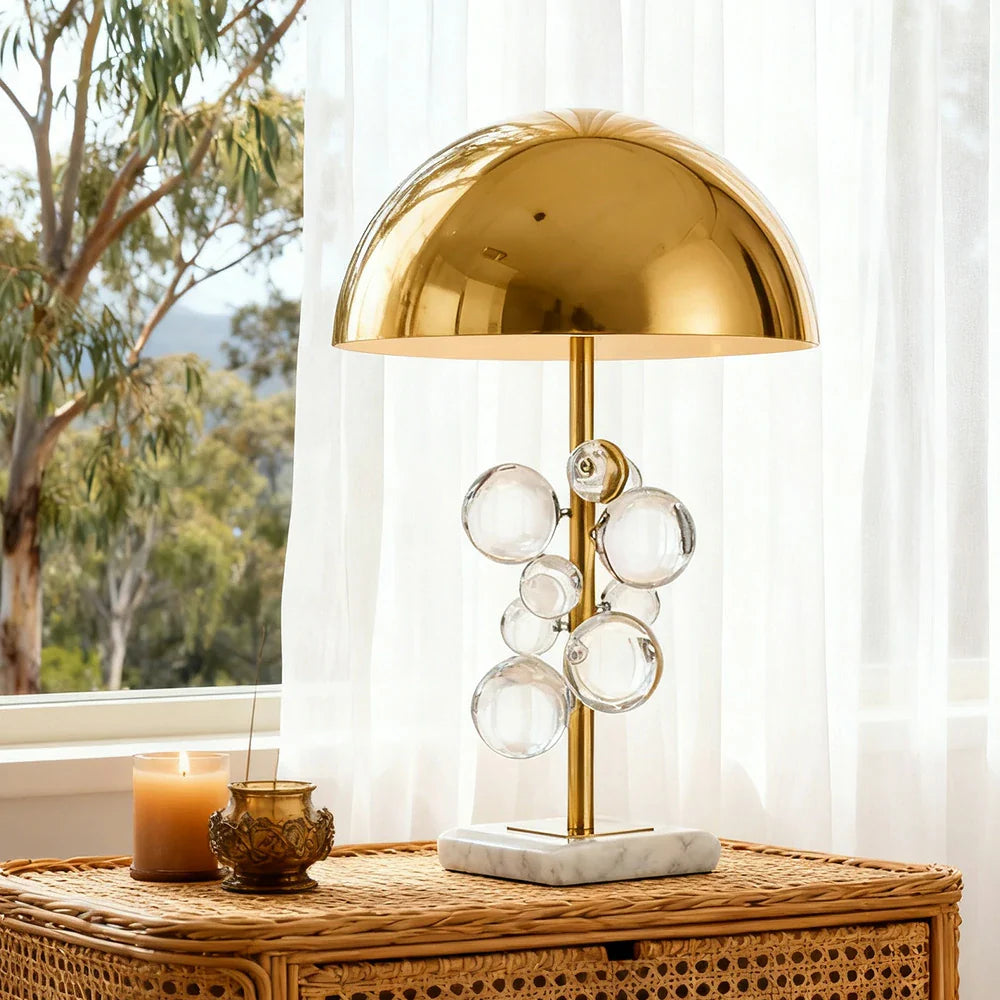 LIVARA 52/58cm Table Lamp - Electroplated Metal Shade, Natural Marble Base, Crystal Ball Accent, Soft Warm Glow, Artistic Design