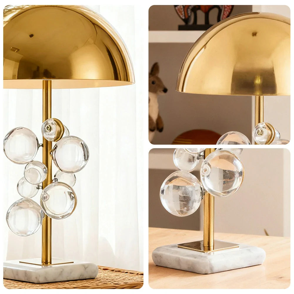 LIVARA 52/58cm Table Lamp - Electroplated Metal Shade, Natural Marble Base, Crystal Ball Accent, Soft Warm Glow, Artistic Design