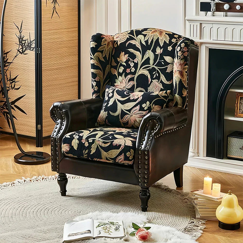 LIVARA Vintage Floral Wingback Armchair with Optional Matching Sofa Stool Chenille Cushion Fabric Frame Trim Black Pine PU High-Resilience Oil-Wax Solid Floral
