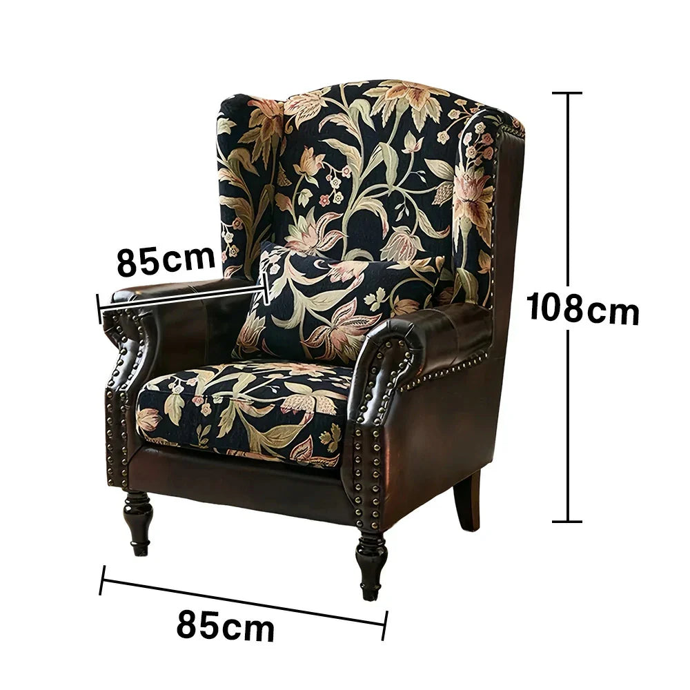 LIVARA Vintage Floral Wingback Armchair with Optional Matching Sofa Stool Chenille Cushion Fabric Frame Trim Black Pine PU High-Resilience Oil-Wax Solid Floral