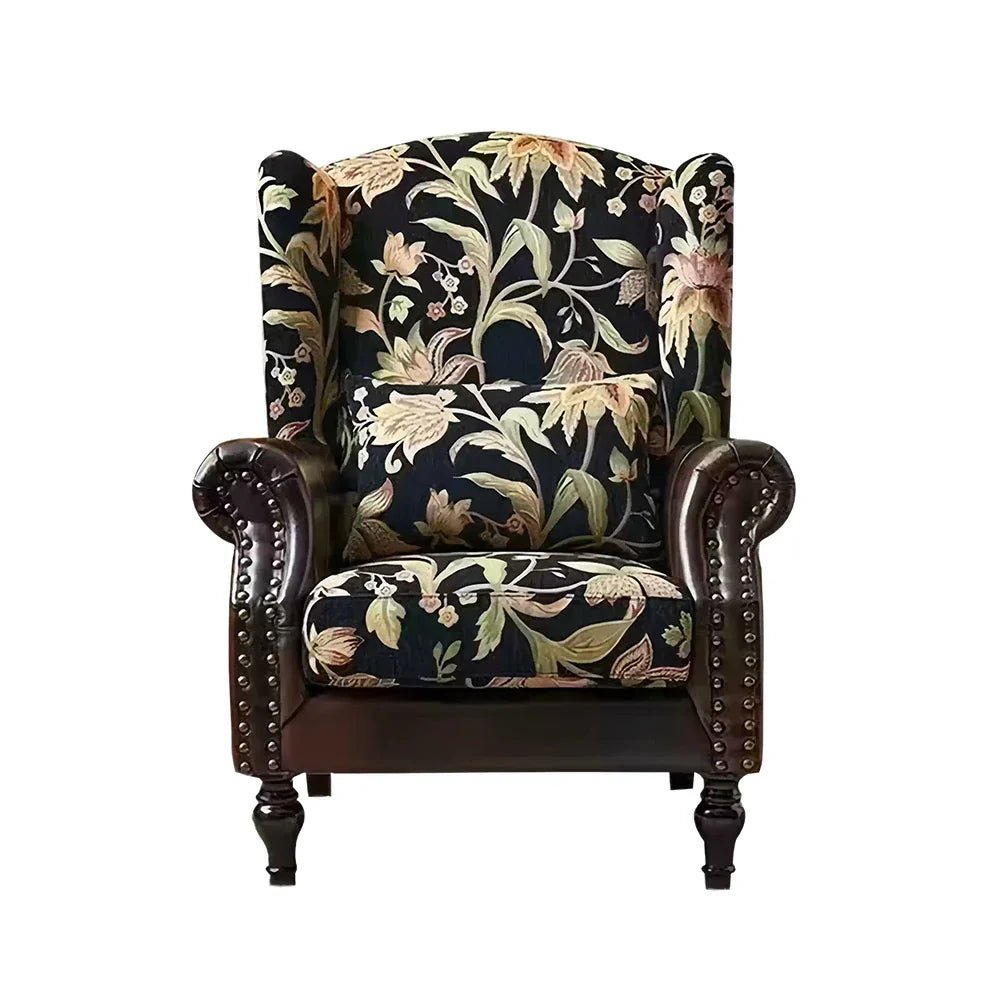 LIVARA Vintage Floral Wingback Armchair with Optional Matching Sofa Stool Chenille Cushion Fabric Frame Trim Black Pine PU High-Resilience Oil-Wax Solid Floral