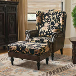 LIVARA Vintage Floral Wingback Armchair with Optional Matching Sofa Stool Chenille Cushion Fabric Frame Trim Black Pine PU High-Resilience Oil-Wax Solid Floral