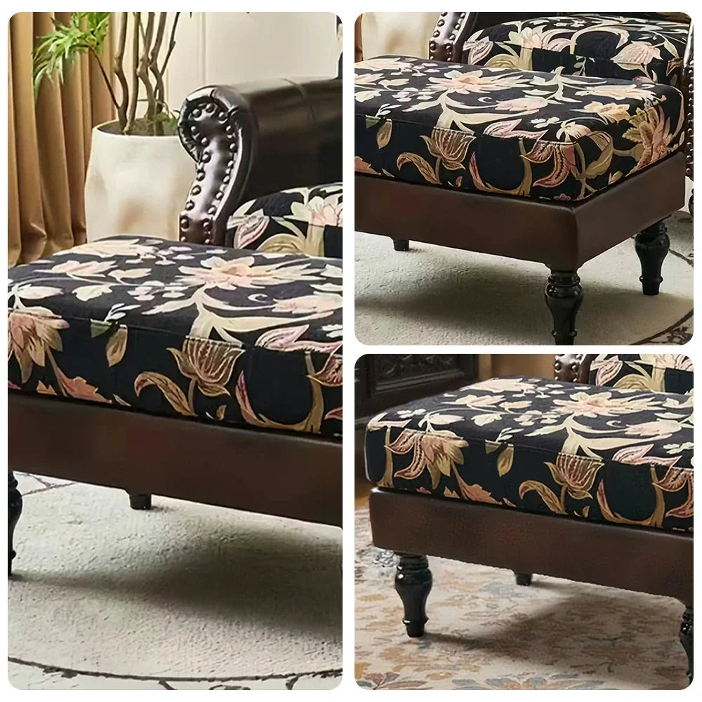 LIVARA Vintage Floral Wingback Armchair with Optional Matching Sofa Stool Chenille Cushion Fabric Frame Trim Black Pine PU High-Resilience Oil-Wax Solid Floral