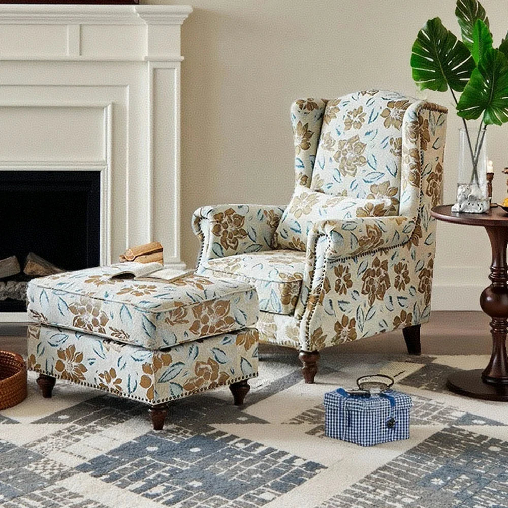 LIVARA Magnolia Fabric Armchair with Optional Matching Sofa Stool Wood Solid Cushion High-Resilience Upholstery Soft Frame Blue