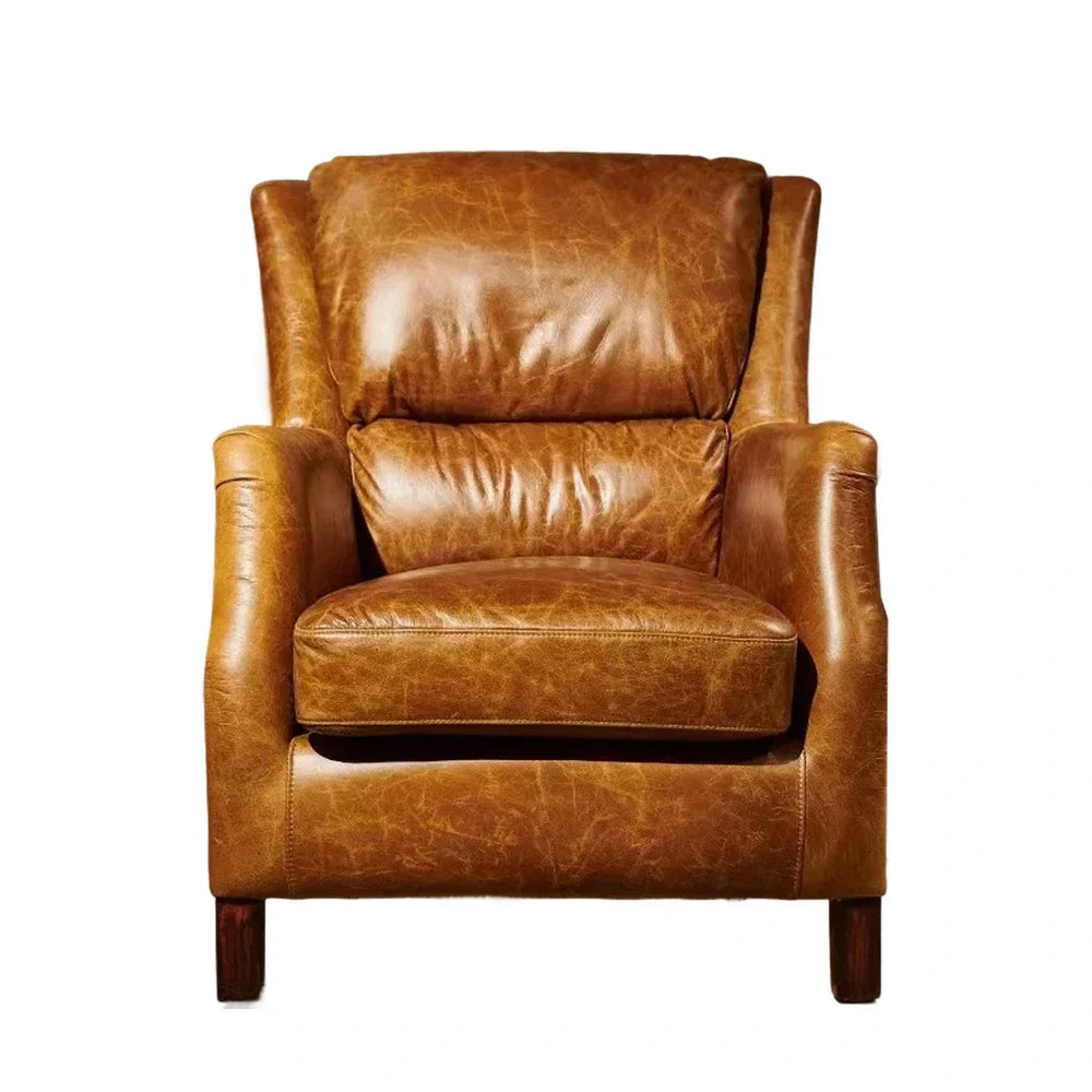 LIVARA Vintage Leather Armchair PU Frame Support Chair Single Feather+Foam Wood Solid Retro Eco-Friendly Cushion Sofa Brown Ergonomic Brown
