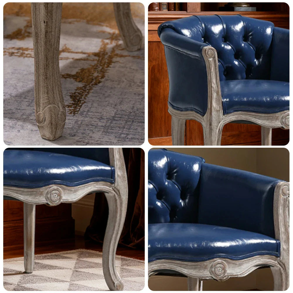 LIVARA Deep Blue Vintage Accent Armchair Frame Backrest PU Tufted Solid Chair Living Navy Leather Elegant Room Single Wood Sofa Retro Blue