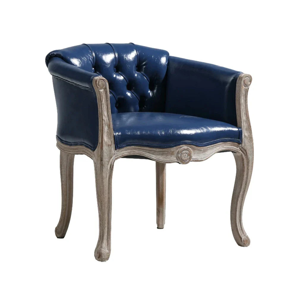 LIVARA Deep Blue Vintage Accent Armchair Frame Backrest PU Tufted Solid Chair Living Navy Leather Elegant Room Single Wood Sofa Retro Blue