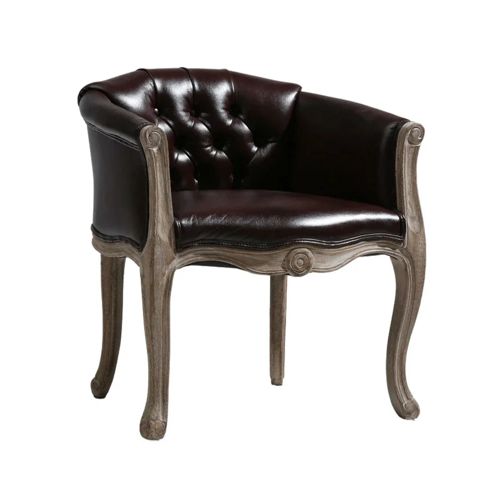 LIVARA Deep Blue Vintage Accent Armchair Leather PU Room Wood Frame Backrest Retro Elegant Solid Single Sofa Chair Living Tufted Brown