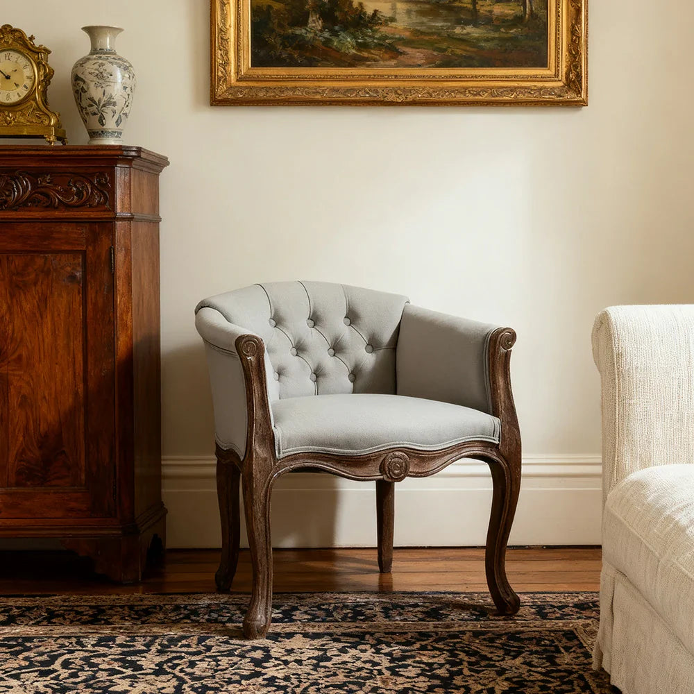 LIVARA Deep Blue Vintage Accent Armchair Elegant Retro Wood Living PU Solid Chair Room Tufted Backrest Sofa Leather Frame Single Beige