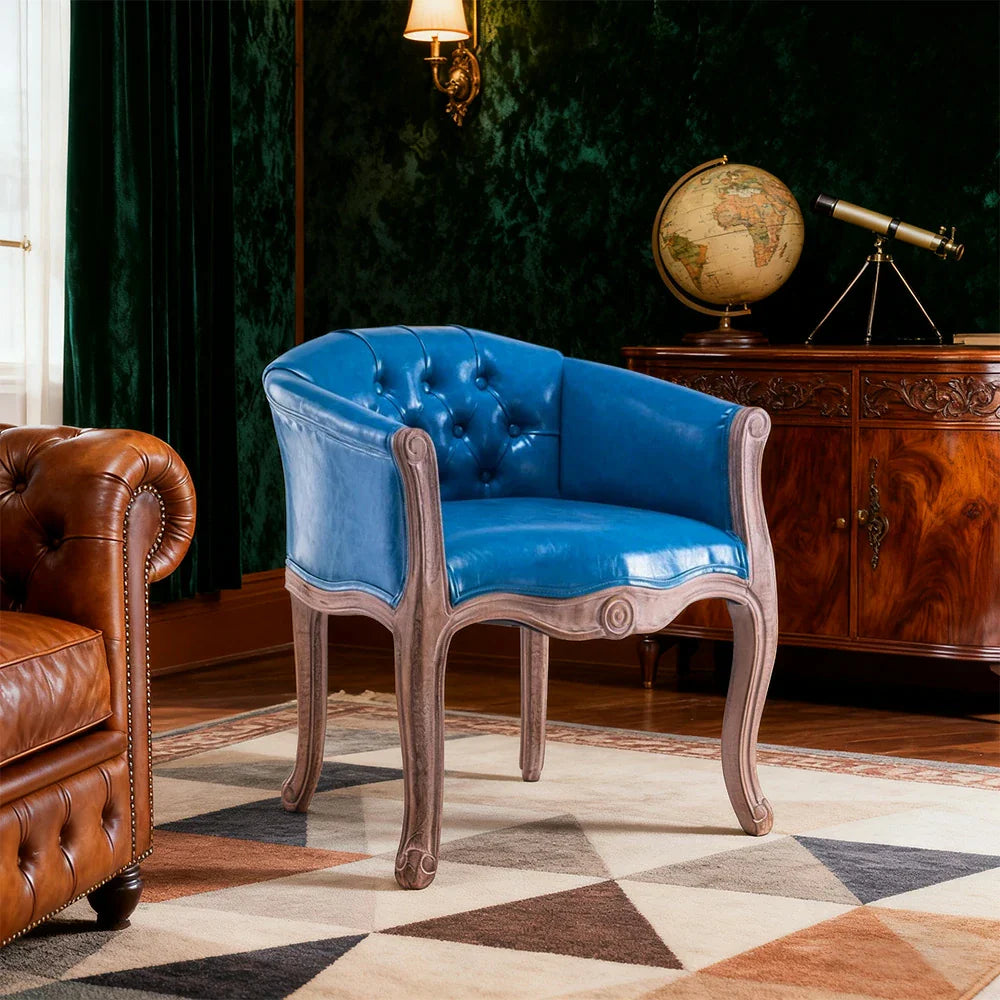 LIVARA Sea Blue Vintage Accent Armchair Frame PU Elegant Single Sofa Room Living Sea Leather Chair Wood Solid Backrest Tufted Retro Blue