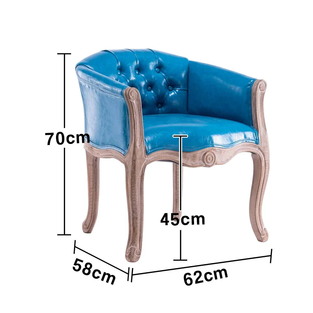 LIVARA Sea Blue Vintage Accent Armchair Frame PU Elegant Single Sofa Room Living Sea Leather Chair Wood Solid Backrest Tufted Retro Blue