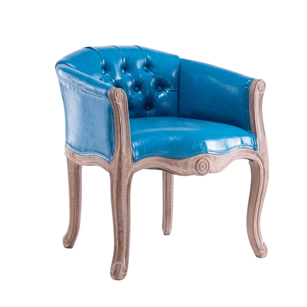 LIVARA Sea Blue Vintage Accent Armchair Frame PU Elegant Single Sofa Room Living Sea Leather Chair Wood Solid Backrest Tufted Retro Blue