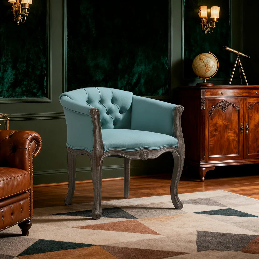 LIVARA Sea Blue Vintage Accent Armchair Sofa Wood PU Living Tiffany Frame Elegant Leather Solid Chair Room Single Tufted Retro Backrest Blue
